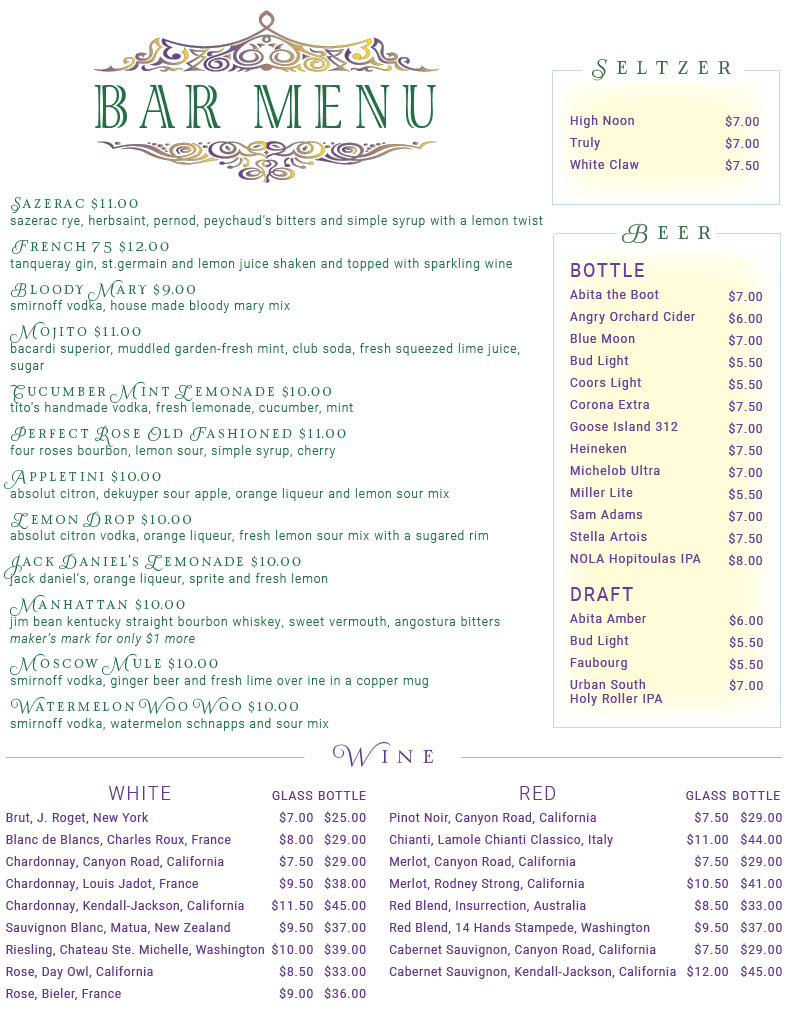 Lounge Menu Bistreaux